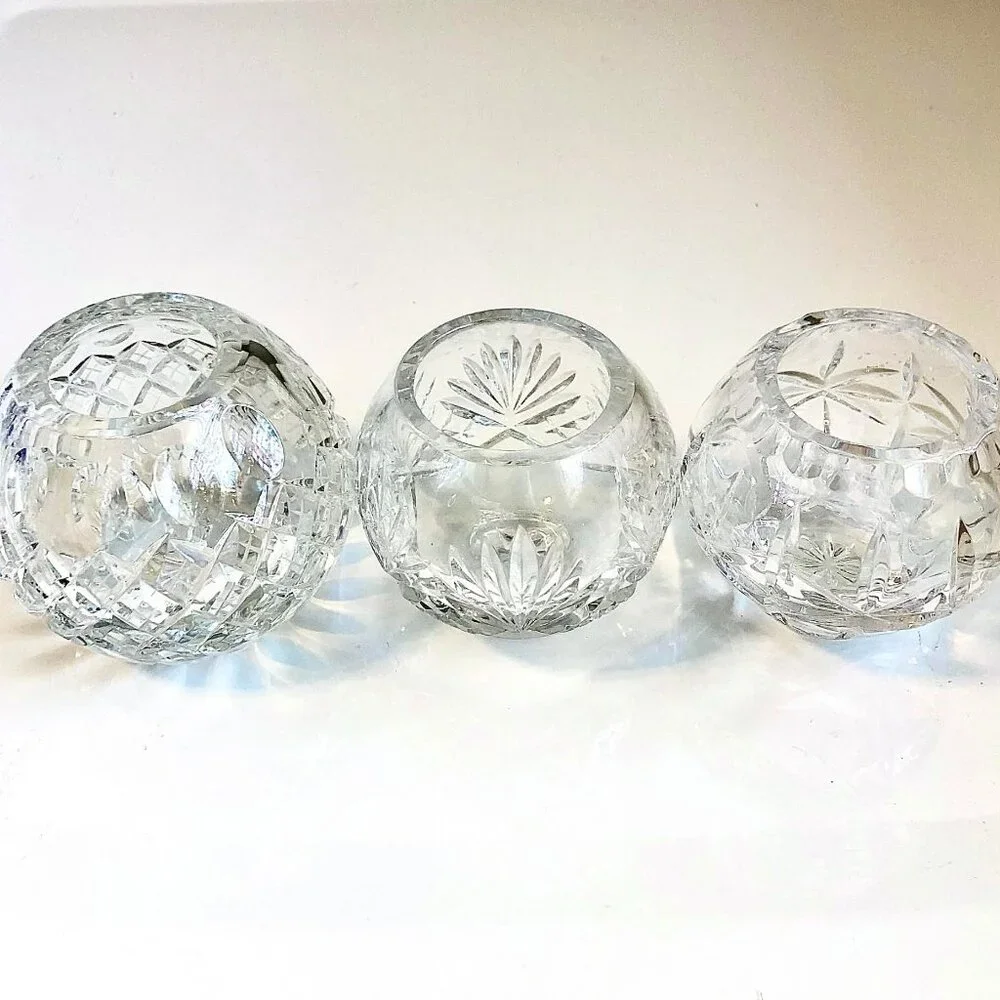 CRYSTAL CLEAR IND. Set of 3 Clear Cut Crystal Rose Bowls Votive Holders 3